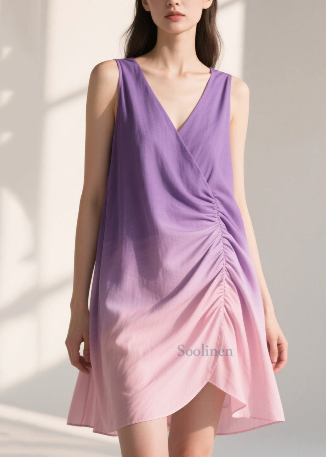 Women Gradient Purple Wrinkled Cotton Sun Dresses Summer