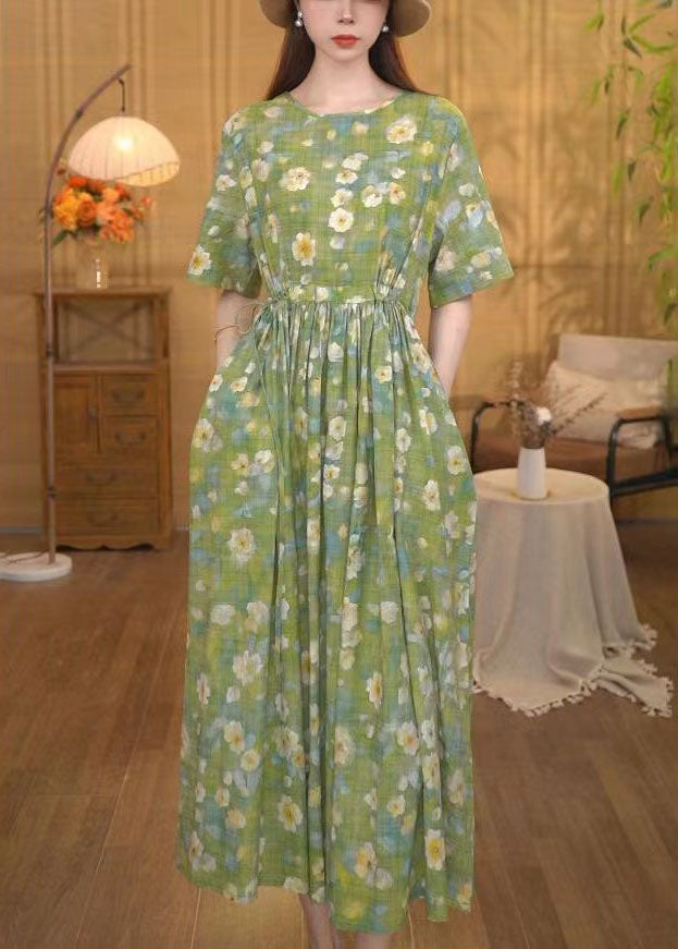 Women Grass Green Cinched Floral Print Cotton Ankle Dress Summer