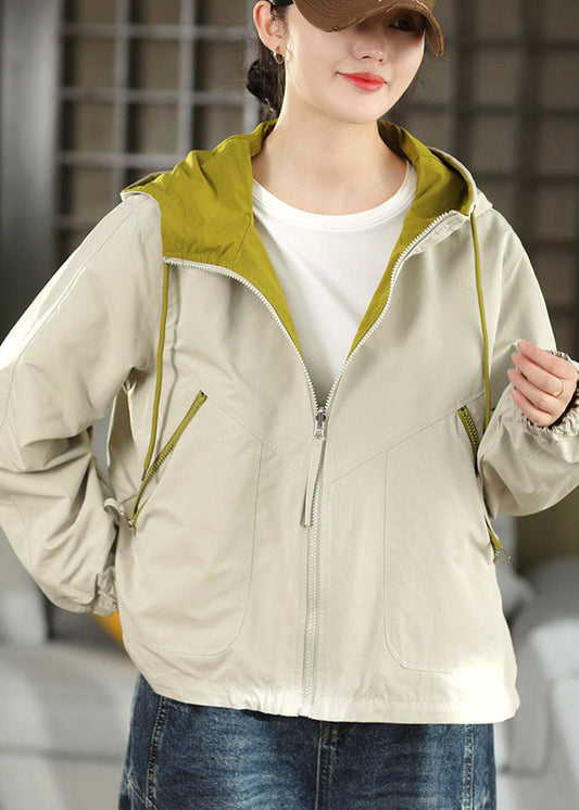 Women Grass Green Hooded Drawstring Cotton Jacket Fall