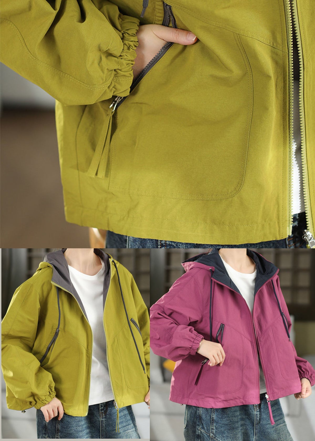Women Grass Green Hooded Drawstring Cotton Jacket Fall
