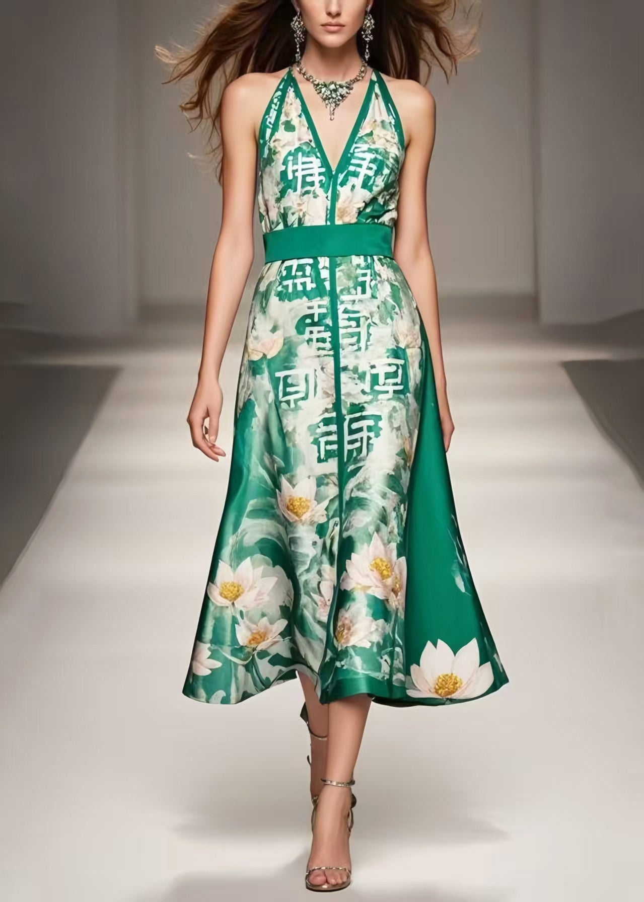 Women Green Cinched Print Silk Halter Dresses Summer