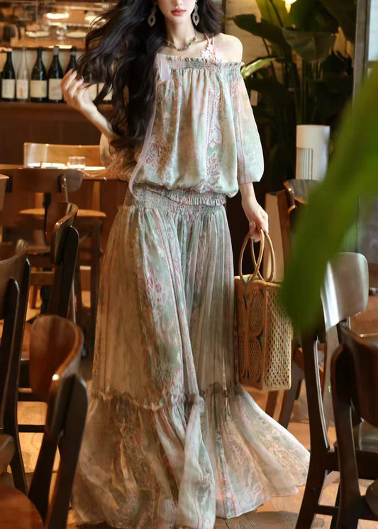 Women Green Cold Shoulder Print Chiffon Two Pieces Set Summer