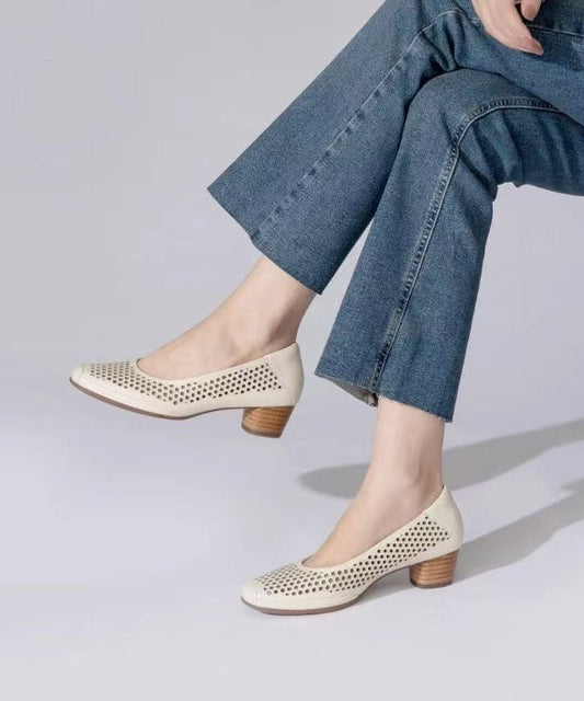 Women Green Cowhide Leather Chunky Hollow Out Sandals