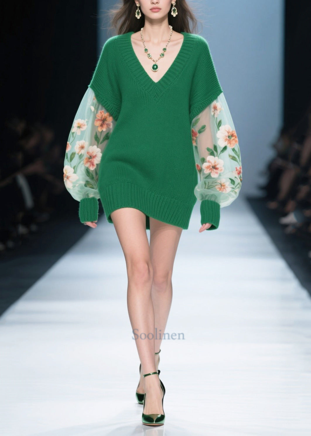 Women Green Flower Print Patchwork Tulle Knitted Dress Winter