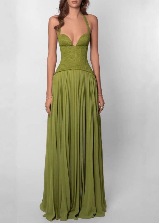 Women Green Halter Backless Cross Strap Wrinkled Long Dresses Sleeveless