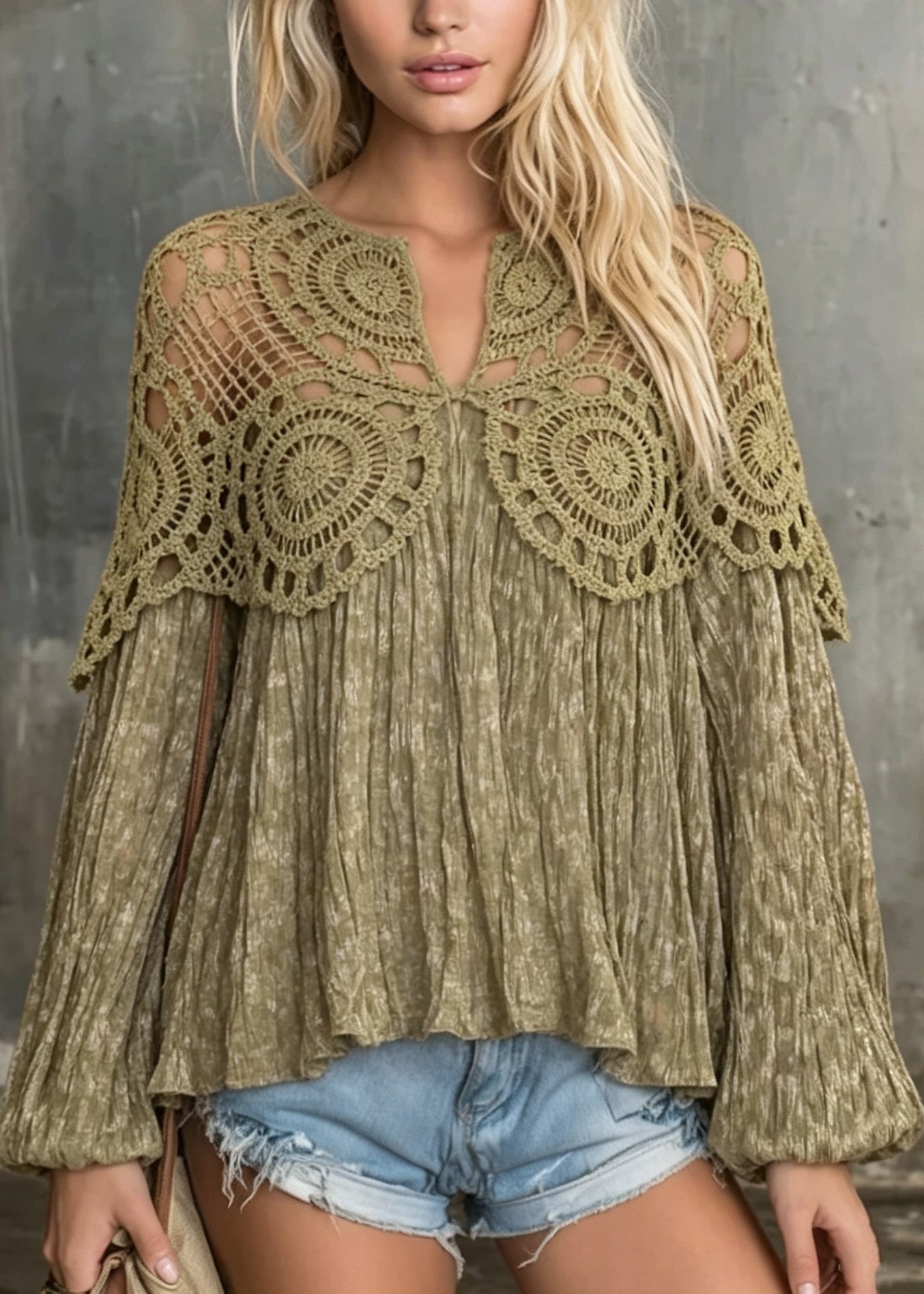 Women Green Hollow Out Wrinkled Patchwork Cotton Top Fall