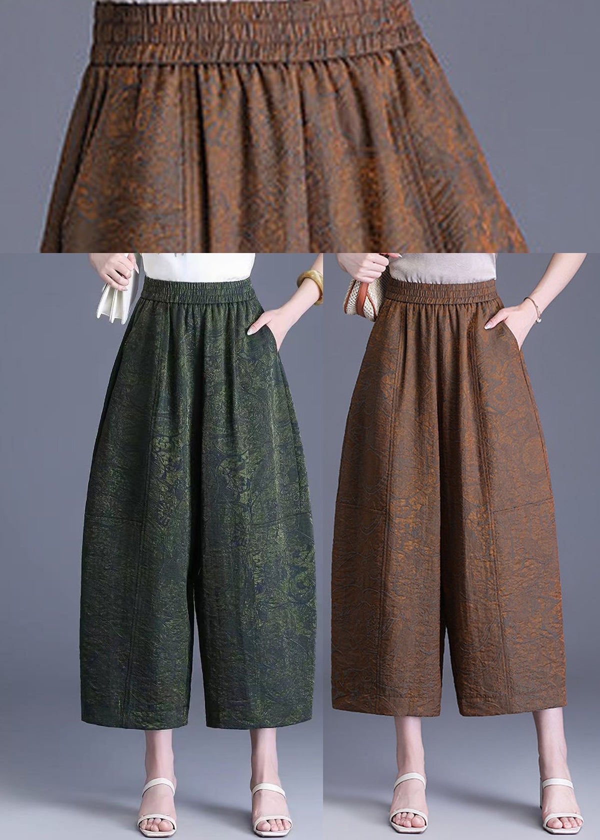 Women Green Jacquard Elastic Waist Wide Leg Crop Pants Summer