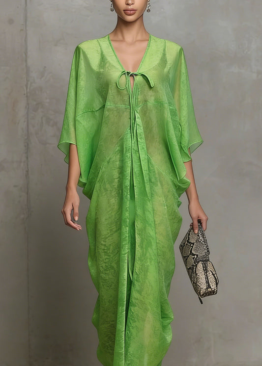 Women Green Lace Up Chiffon Vacation Dress Summer