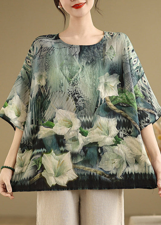 Women Green O Neck Print Loose Cotton T Shirt Summer