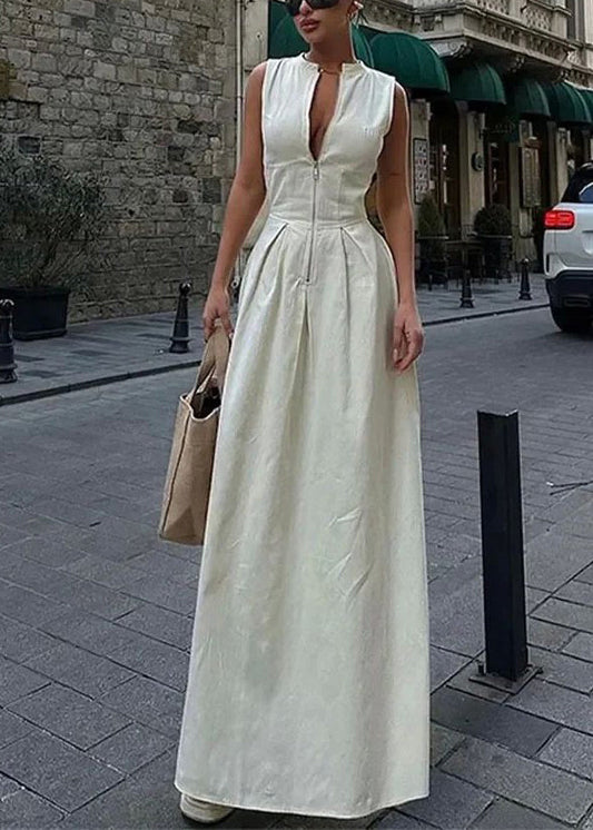 Women Green Round Collar Sleeveless Pleated Slim Maxi Dress