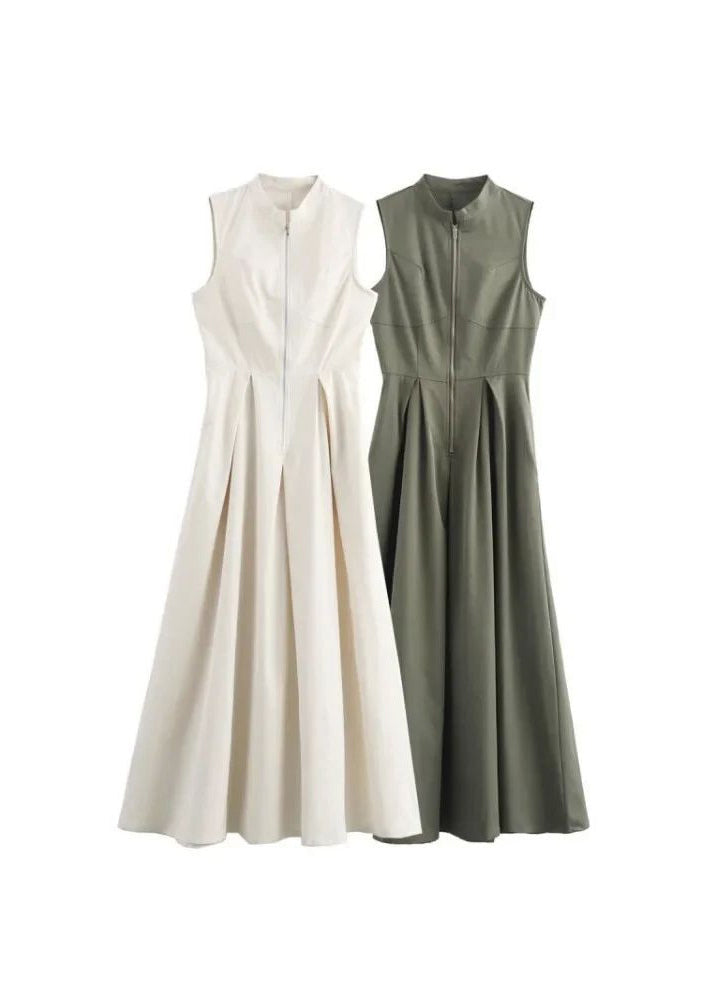 Women Green Round Collar Sleeveless Pleated Slim Maxi Dress