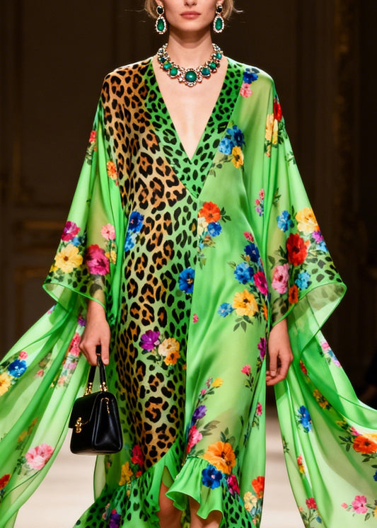 Women Green Ruffled Asymmetrical Design Print Patchwork Silk Dresses Summer