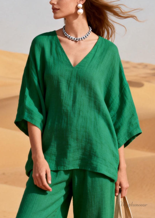 Women Green Sequins Patchwork Tops And Crop Pants Linen Two Pieces Set Half Sleeve