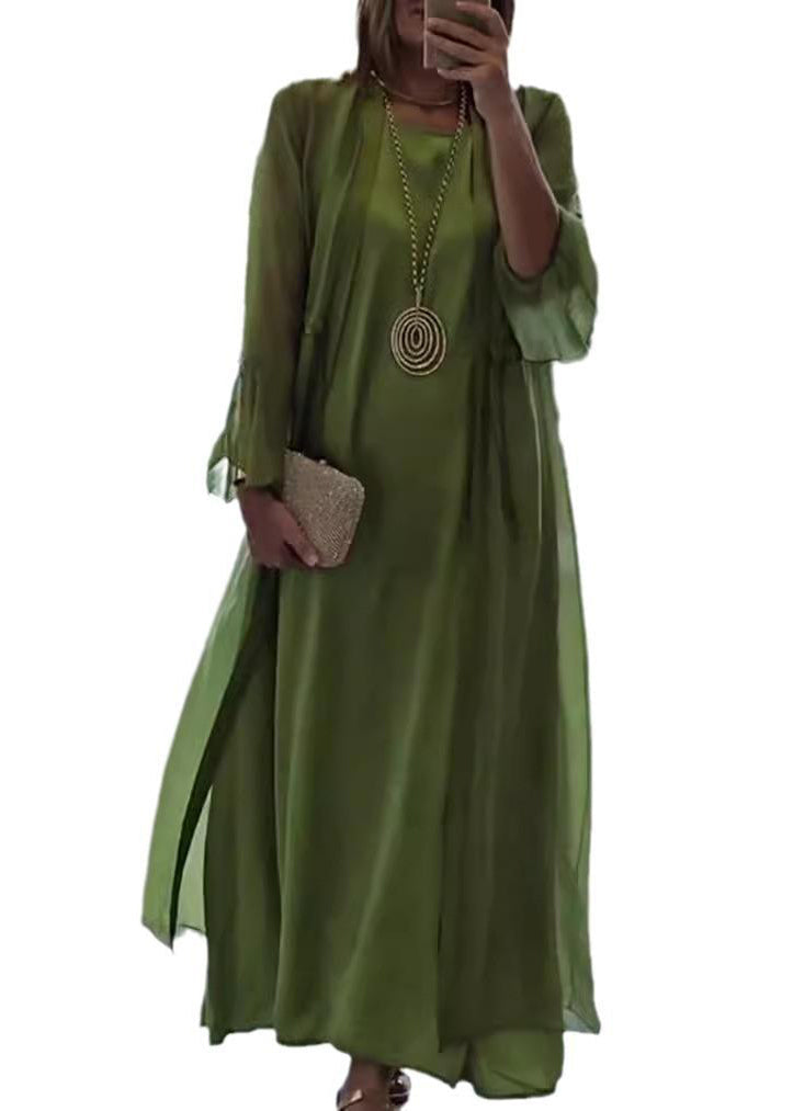 Women Green Solid Cardigans And Maxi Dresses Two Pieces Set Fall