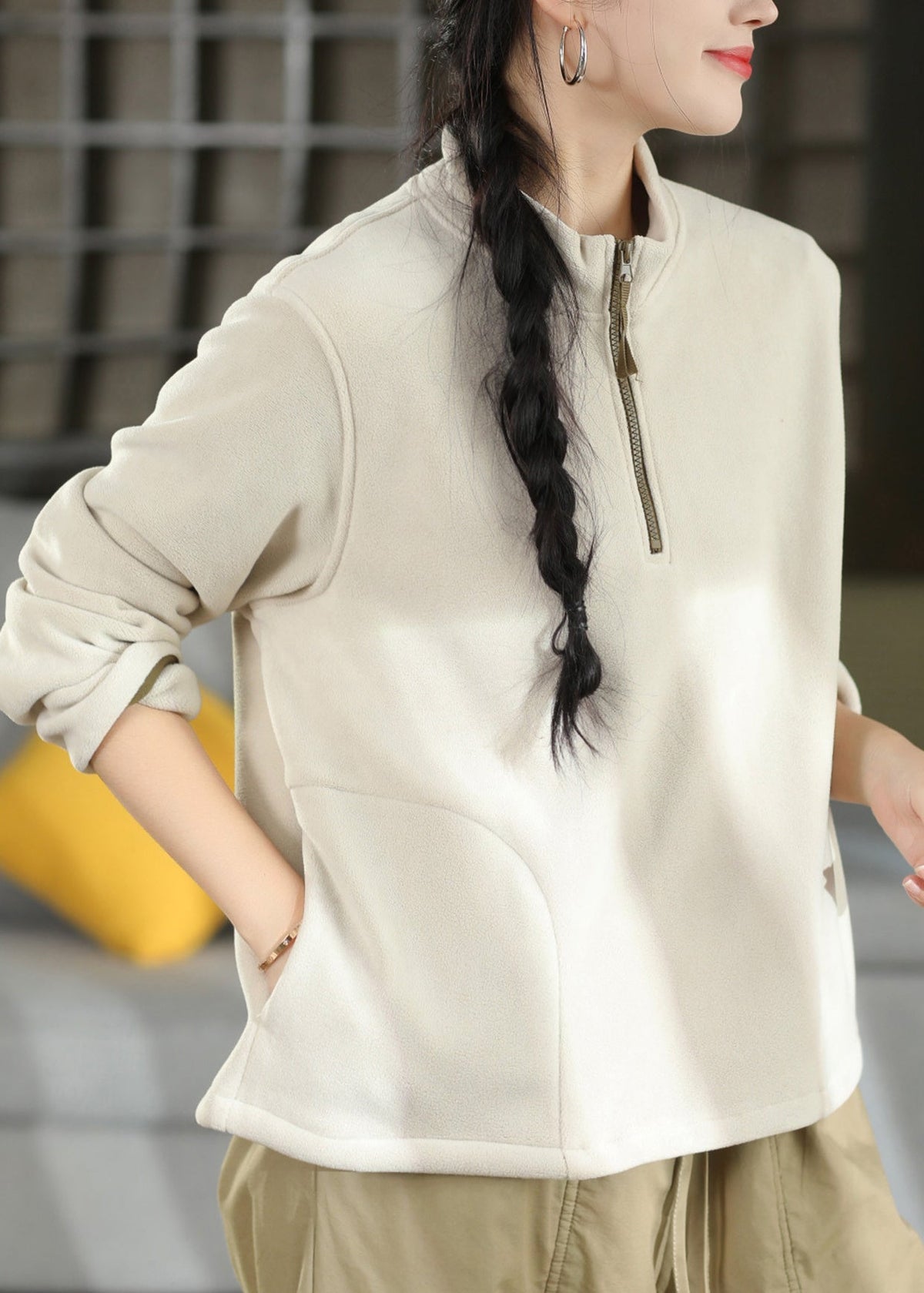 Women Green Stand Collar Zip Up Patchwork Cotton Top Fall