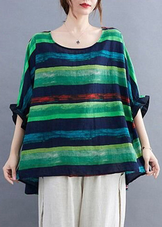 Women Green Striped Low High Design Top Summer