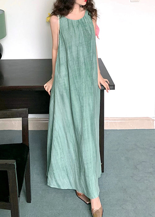 Women Green U Neck Wrinkled Linen Long Dress Sleeveless