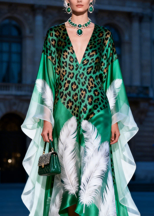 Women Green V Neck Asymmetrical Design Print Silk Dress Summer