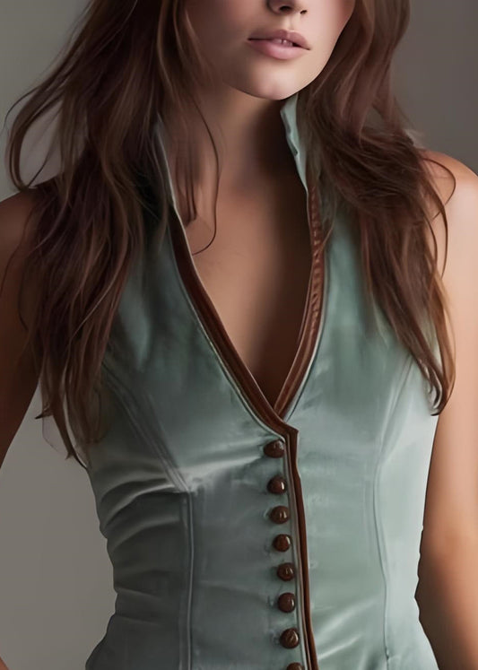 Women Green V Neck Button Patchwork Denim Vest Sleeveless