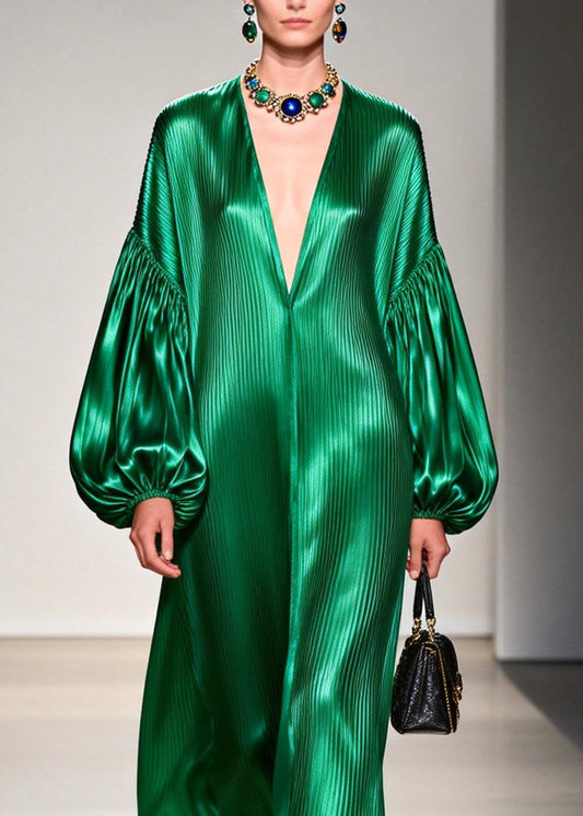 Women Green V Neck Patchwork Silk Long Dresses Lantern Sleeve