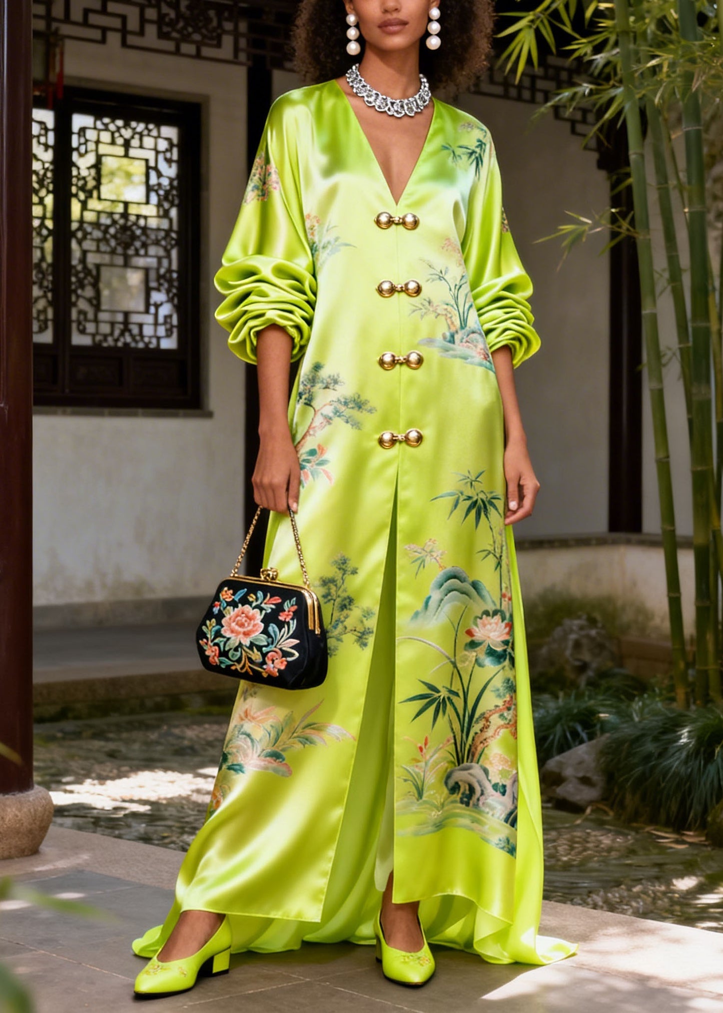 Women Green V Neck Print Silk Vacation Dresses Summer