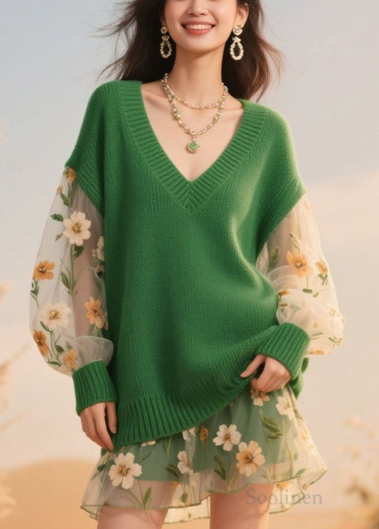 Women Green V Neck Tulle Patchwork Knit Sweaters Fall