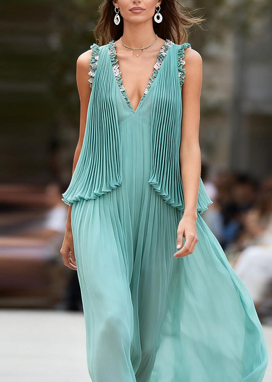 Women Green Wrinkled Floral Patchwork Chiffon Ankle Dress Sleeveless