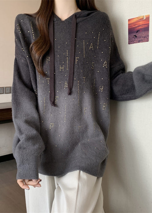 Women Grey Hooded Tie Dye Knit Pullover Sweatshirt Fall