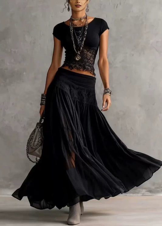 Women Grey Lace Patchwork Tops And Skirts Cotton Two Pieces Set Summer