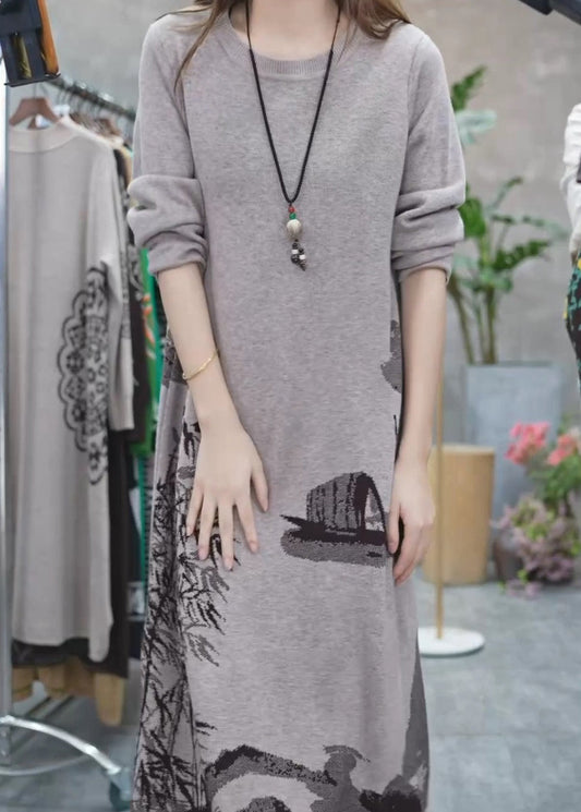 Women Grey O Neck Print Knit Sweater Dress Winter