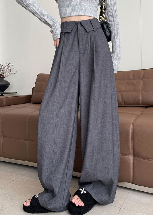 Women Grey Oversized Drawstring Cotton Wide Leg Pants Fall