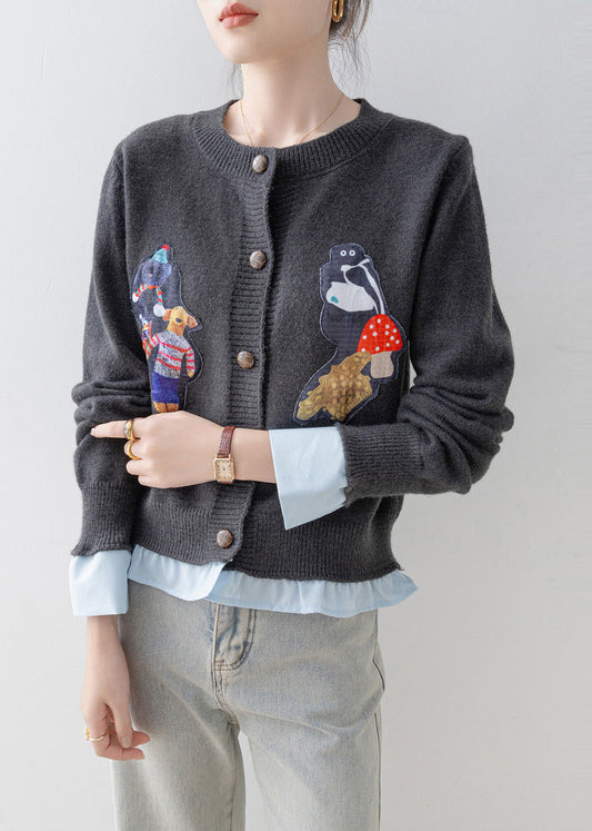 Women Grey Oversized Patchwork Knit Fake Two Piece Cardigan Winter