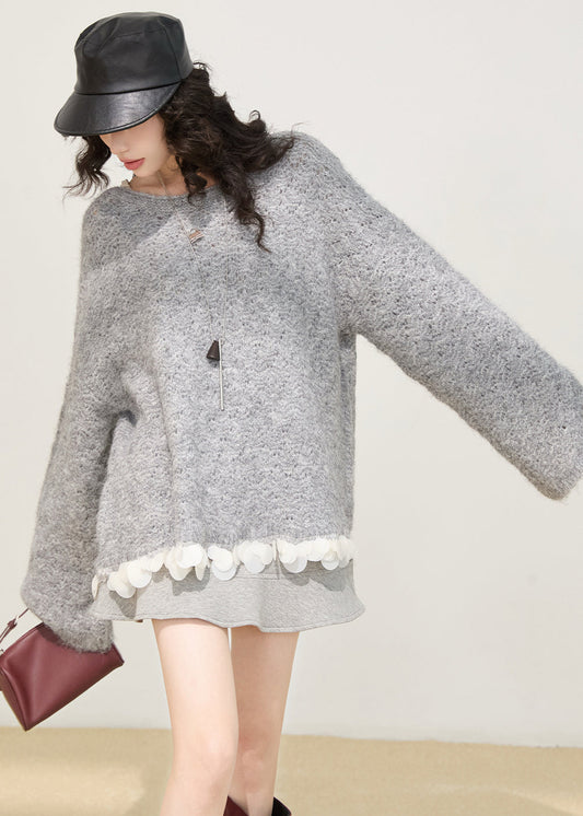 Women Grey Oversized Patchwork Knit Sweaters Winter
