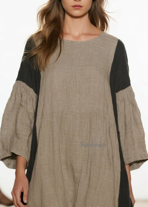Women Grey Oversized Patchwork Linen Vacation Dresses Bracelet Sleeve