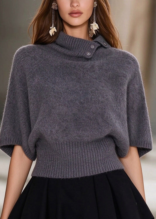 Women Grey Peter Pan Collar Patchwork Knit Pullover Fall