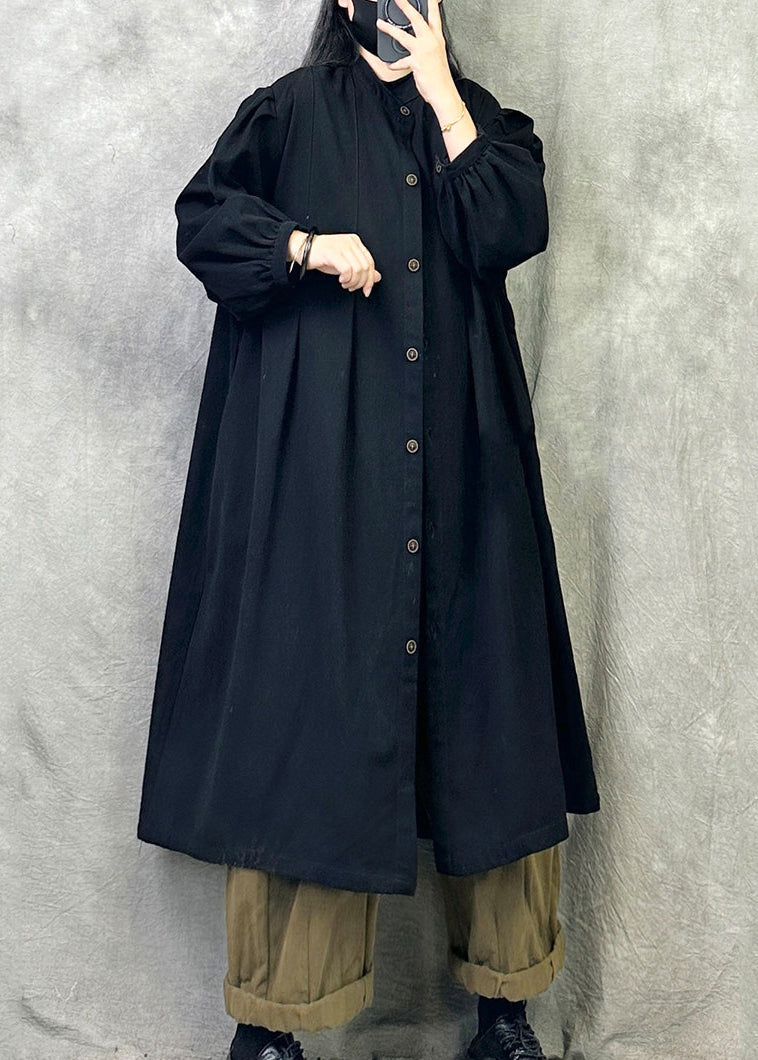 Women Grey Pockets Button Patchwork Loose Cotton Trench Fall