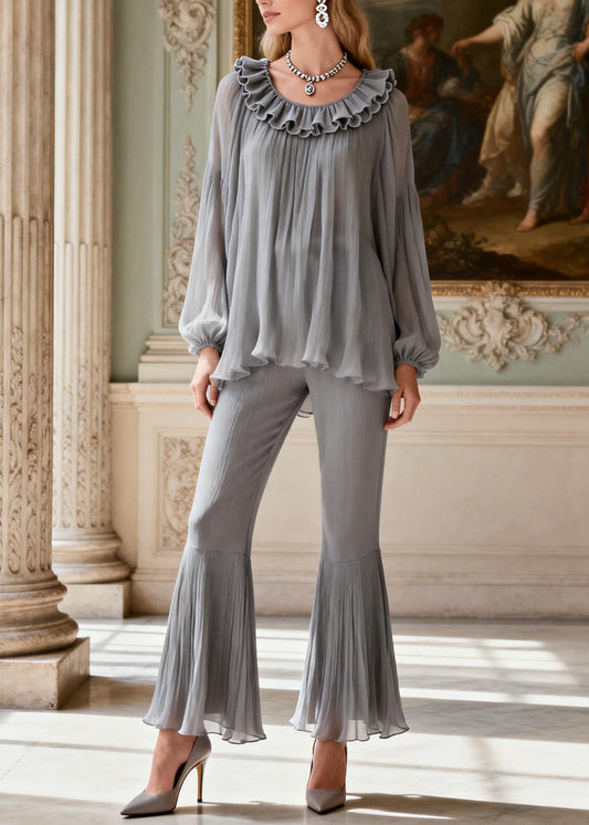 Women Grey Ruffled Patchwork Linen Silk 2 Piece Outfit Spring