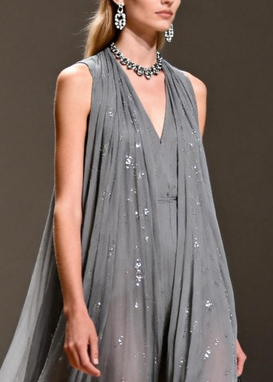 Women Grey Sequins Chiffon Long Dress Sleeveless