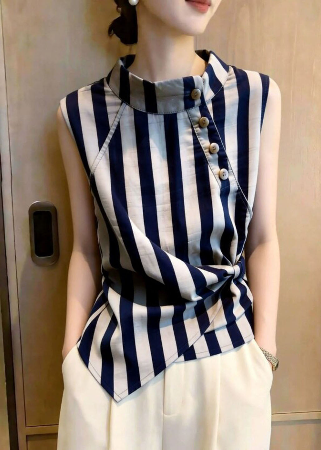 Women Grey Stand Collar Striped Cotton Shirt Tops Summer