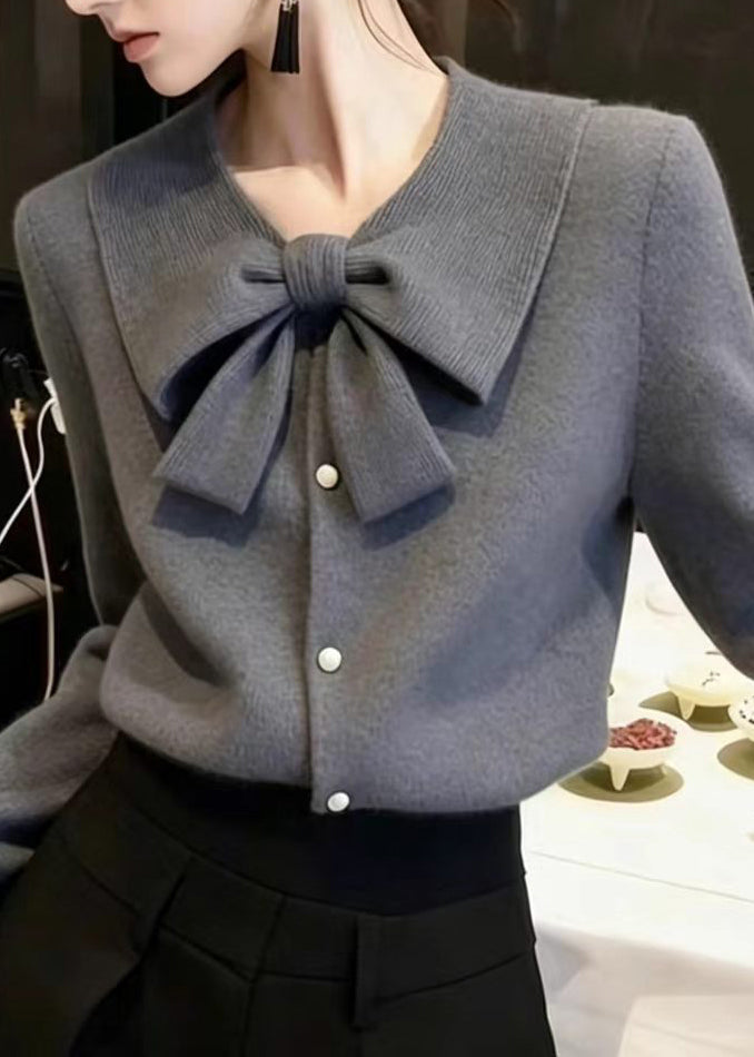 Women Grey Turn-Down Collar Bow Knit Sweater Tops Fall