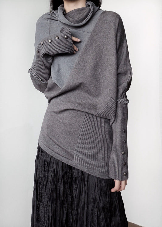 Women Grey Turtle Neck Asymmetrical Design Knit Sweater Tops Winter