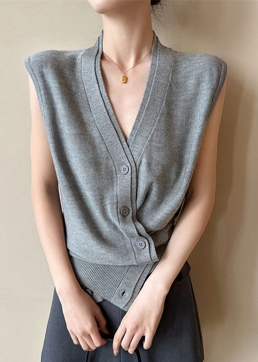 Women Grey V Neck Button Solid Knit Vest Sleeveless