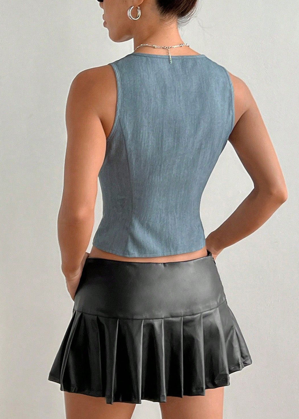 Women Grey V Neck Lace Up Cotton Tops Sleeveless