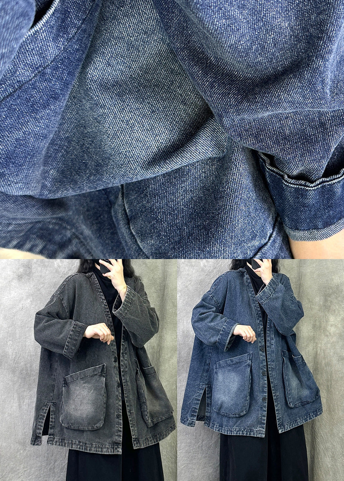 Women Grey V Neck Pockets Patchwork Denim Coat Fall