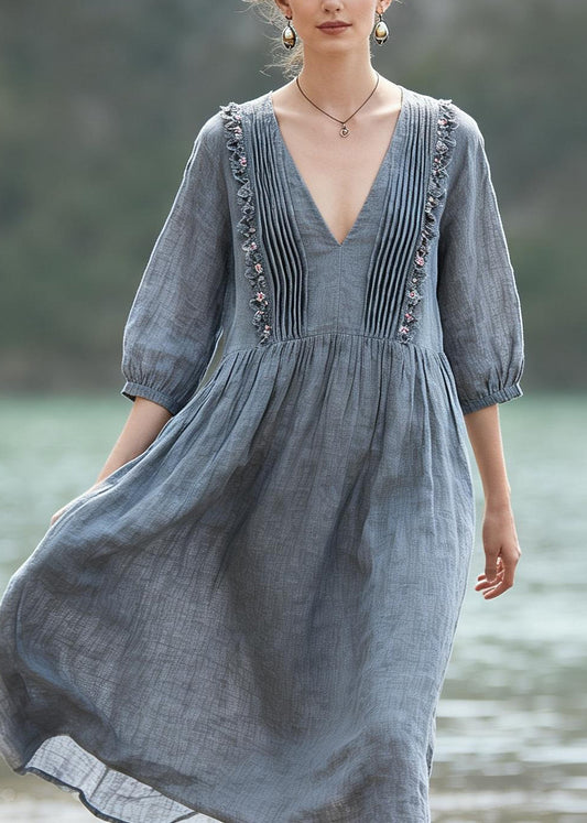 Women Grey V Neck Wrinkled Floral LinenDresses Summer