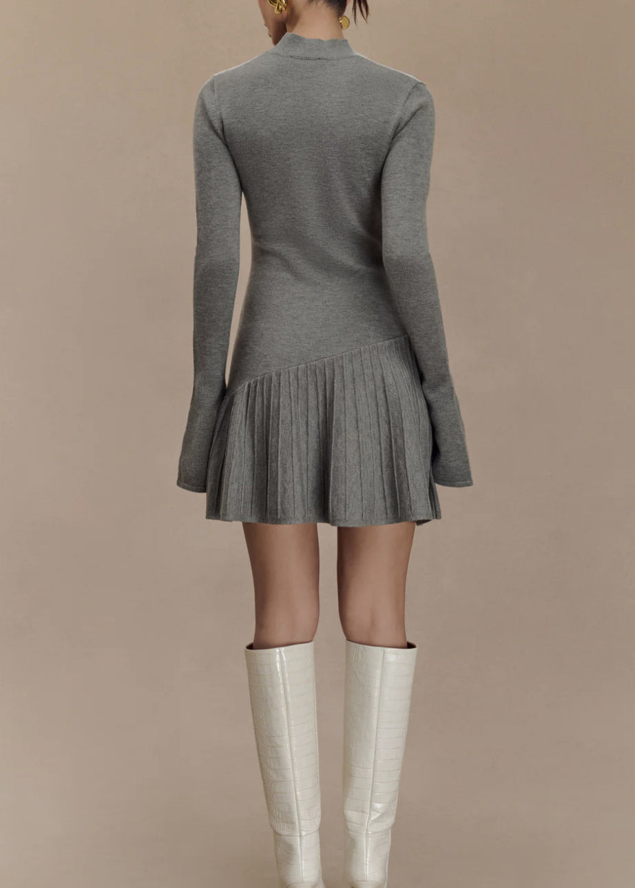 Women Grey Wrinkled Patchwork Knit Sweater Dress Winter