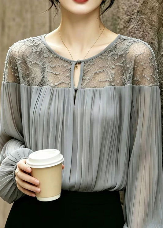 Women Grey Wrinkled Patchwork Lace Chiffon Blouses Summer