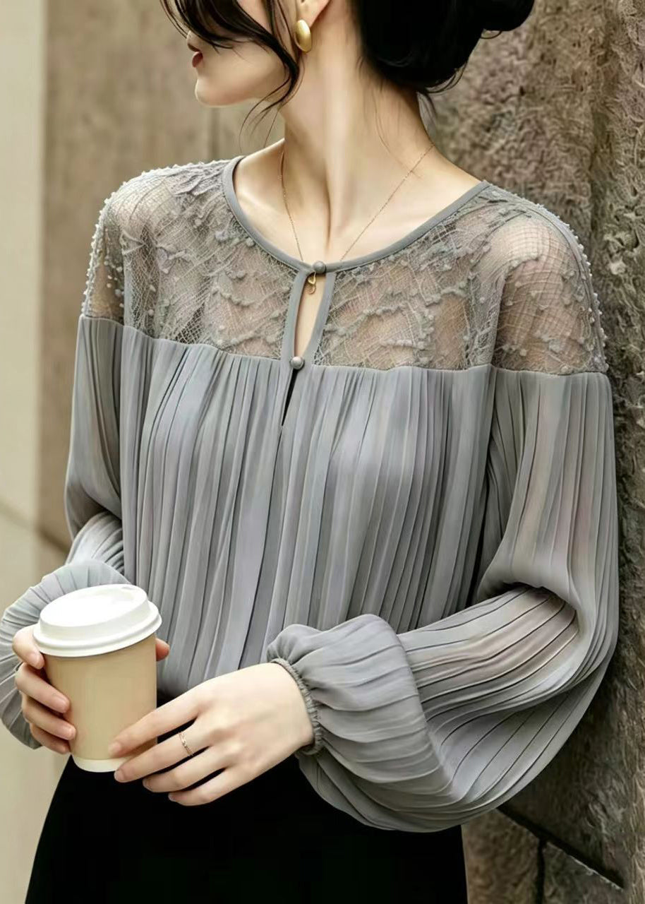 Women Grey Wrinkled Patchwork Lace Chiffon Blouses Summer