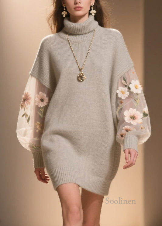 Women Hign Neck Floral Tulle Patchwork Knit Sweater Dress Winter