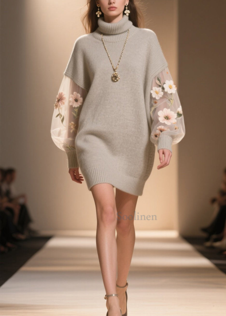 Women Hign Neck Floral Tulle Patchwork Knit Sweater Dress Winter